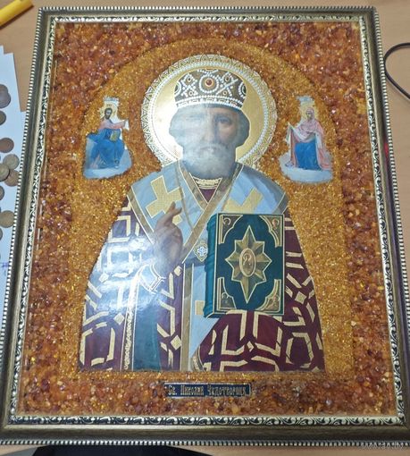 Икона / панно. Софрино. Отделка янтарем. Калининград. 45x38 см