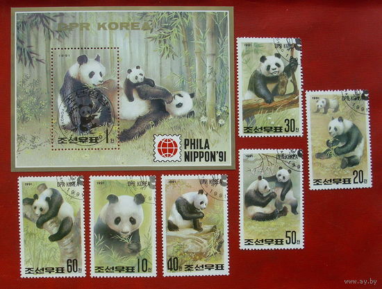 КНДР. Панды. ( Блок и 6 марок ) 1991 года. 8-5.