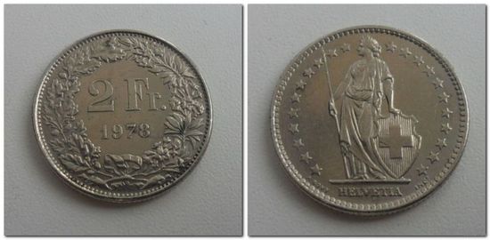 2 франка Швейцария 1978 год, KM# 21a.1, 2 FRANCS, из коллекции