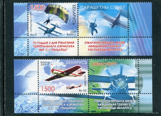Беларусь 2009. Авиаспорт. Нижние сцепки листа с купоном