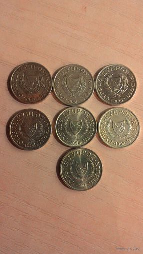 Кипр, 1 цент 1985, 1988, 1990, 1994, 1996, 1998, 2004. Сборный лот, 7 монет.