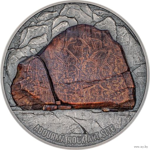 RARE Джибути 200 франков 2023г. "Наскальные рисунки. Наскальное искусство Абурмы". Уникальная окраска. Монета в капсуле; шикарном подарочном футляре; N сертификат; коробка. СЕРЕБРО 93,30гр.(3 oz).