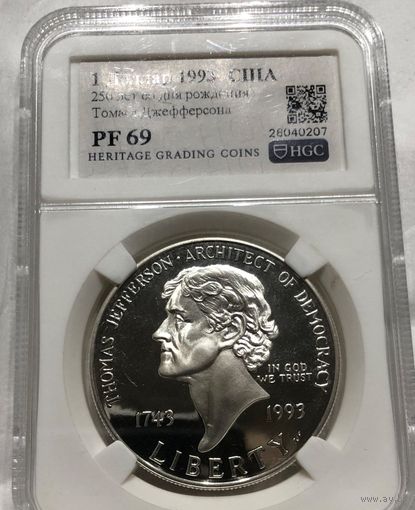С рубля без мц! 1 доллар 1993 США pf 69 Джефферсон серебро