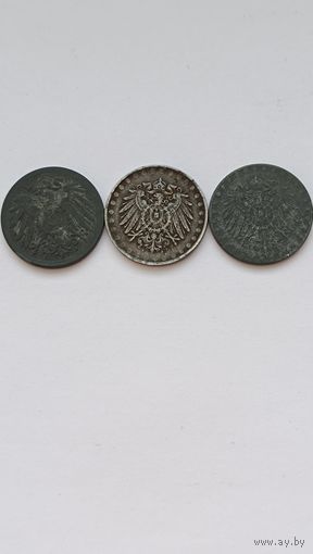Сборный лот 10 пфеннингов Германия 1917 года. Три разновидности. Лот состоит из 3-х монет. Монеты не чищены. Торг. 730