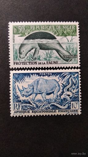 ФРАНЦИЯ.Экваториальная Африка, 1947 Носорог\588фе\НИГЕР. ламантин фауна