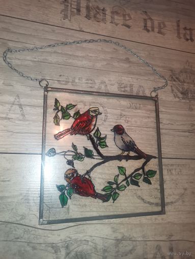 Декоративное панно с изображением птиц, имитирующее витраж, размер 18*18 см.