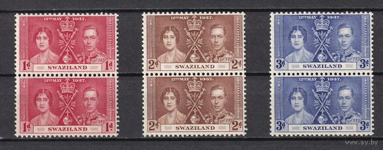 141.BrKS. Великобритания. Колонии.  Свазиленд. Коронация Георга VI и Елизаветы. 1937 г. Полная серия. Пары. Mi.##24-26. MNH.