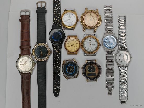 Часы Луч. Электроника. Swatch. Работоспособность не известна. Одним лотом 11 шт. С рубля