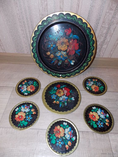 Поднос СССР для самовара, подставки для чайника и чашек. Ручная роспись.