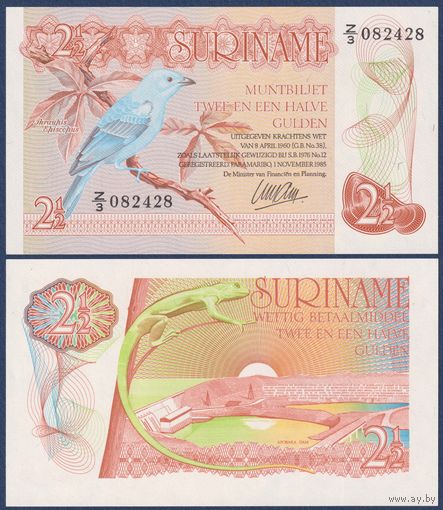 Суринам, 2.5 гульдена 1985 г., P-119 (Z, голубая танагра, ящерица), UNC