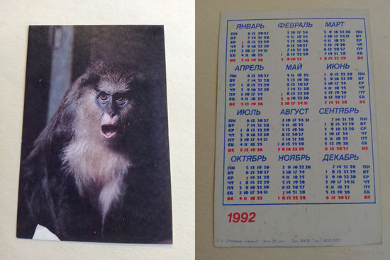 Карманный календарик. Обезьяна .1992 год