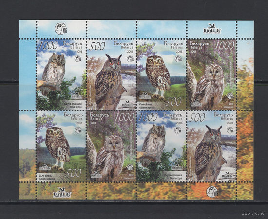 Фауна птицы Беларусь 2008 Малый лист коллекционных марок "Птицы Беларуси Совы"