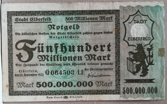 Германия 500000000 миллионов марок 1923 г Эльберфельд (Elberfeld) 1294o, В/З, тисненая печать, XF-, В/З