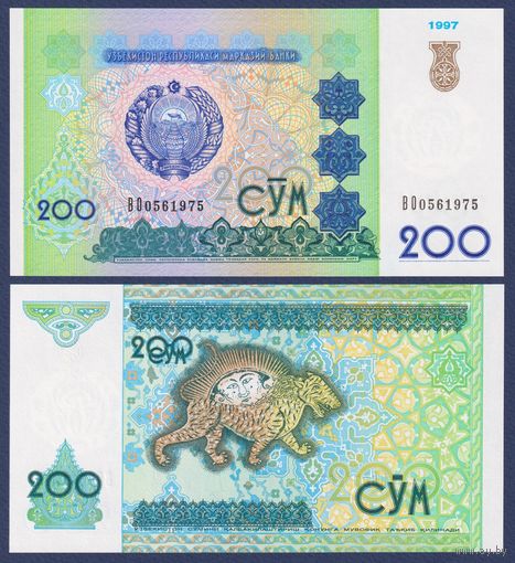 Узбекистан, 200 сум 1997 г., P-80 (BL, cолнечный лик над мифологическим тигром), UNC