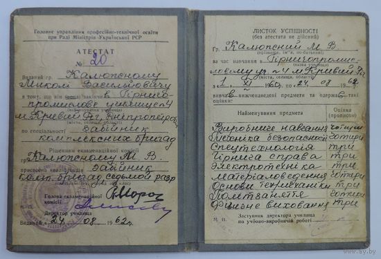 Аттестат за окончание промышленного училища в Кривом Роге. 1062 г. УССР.
