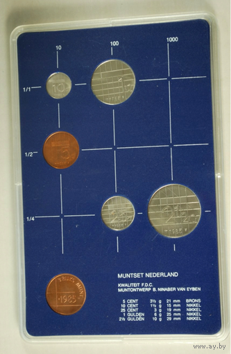 Нидерланды, годовой набор монет (Голландия) 1985 год, 5+10+25 центов 1+2,5 гульдена + жетон UNC.