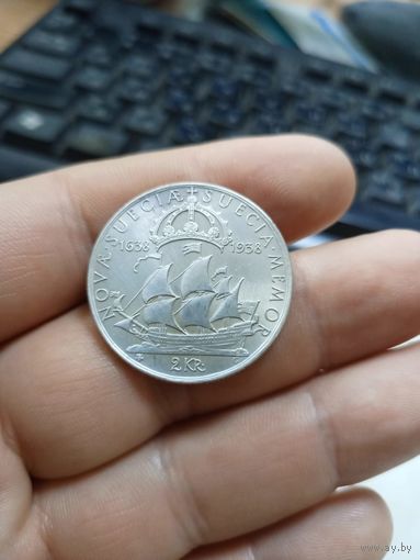 2 кроны 1938 Швеция,300 лет поселению Делавэр
