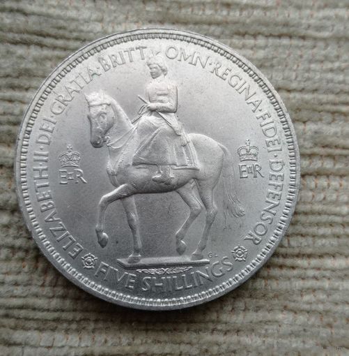 Werty71 Великобритания 5 шиллингов 1953 1 крона Елизавета 2 Британия Королева на Лошади