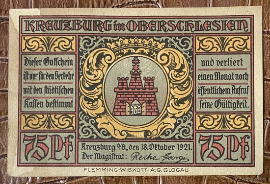 Нодгельд 75 пфеннигов 1921 год. Кройцбург. Веймарская республика