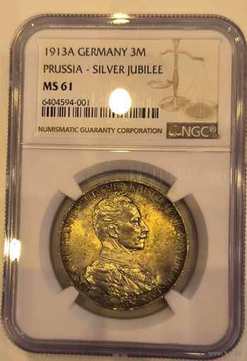 3 марки 1913 мундир - 25 лет правлению ms 61 NGC патина