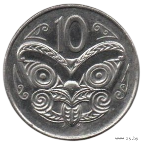 Королевство Новая Зеландия. 10 центов 2004. Маори коруру (резная маска). Нечастая.