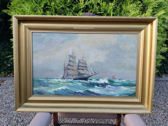 Антикварная Картина в раме "Seeschiff" Холст, Масло. Германия, Начало ХХ века.