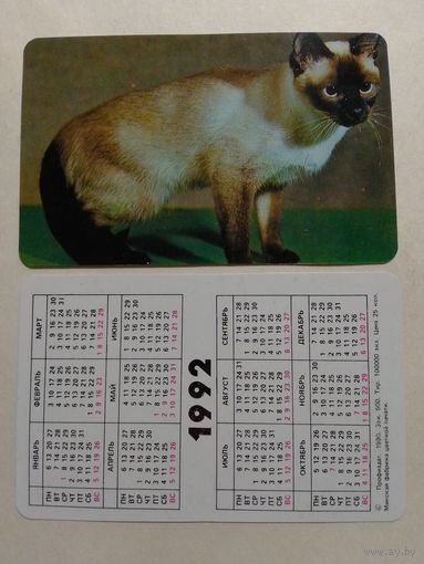 Карманный календарик. Котик.1992 год
