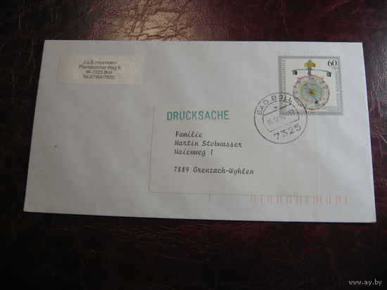 Конверт ФРГ с маркой Антикварные часы 1992 год