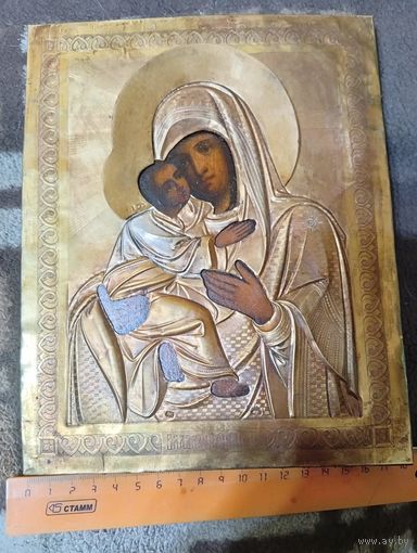 Икона Божией Матери Владимирская, оклад Серебро 84 пробы, Золочение. Достойное Состояние!