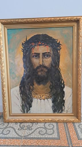 Картина масло двп. Рамка дерево.Исус Христос. Подпись художника.