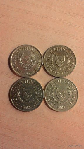 Кипр, 2 цента 1985, 1991, 1992, 1994. Сборный лот, 4 монеты.