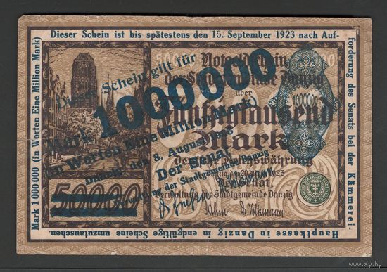 Данциг 1000000 марок 1923 года. Тип Р-22. Состояние VF+