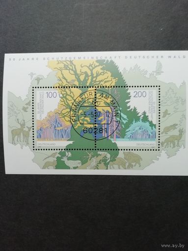 Германия. 1997 Блок Mi.38 с двумя марками серии "50 лет Сообществу защиты немецких лесов" (гашеный с клеем) марки Mi.1918-1919 каталог 5.00 евро