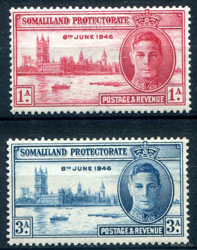 Британские колонии - Сомалиленд - 1946 - Годовщина Победы во Второй Мировой войне, король Георг VI, здание парламента в Лондоне - 2 марки - полная серия, MLH, MNH [Mi 101-102]. #2-Bc-56-A-2