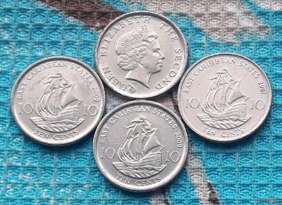 Карибы 10 центов, UNC. Корабль. Восточные Карибские острова - Гренада, Антигуа и Барбуда, Доминика, Сент Китс и Невис.