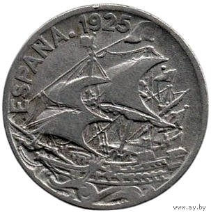 Королевство Испания. 25 сентимо 1925. Корабль. Каравелла. Парусник.
