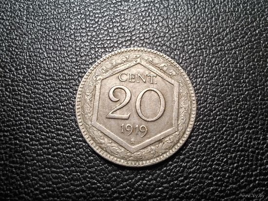Италия 20 чентезимо 1919 Рубчатый гурт