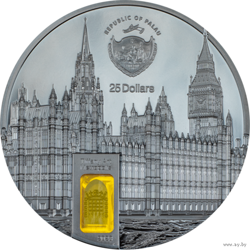 Палау 25 долларов 2023г. Тиффани "Tiffany Art: Лондон -  Вестминстерский дворец". Black Proof. Монета в капсуле; подарочной рамке; сертификат; коробка. СЕРЕБРО 155,50гр.(5 oz).