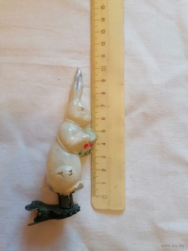 Ёлочная игрушка ЗАЙЧИК С БАРАБАНОМ СССР на прищепке 0047