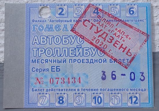 Проездной билет Гомель январь 2020. Возможен обмен