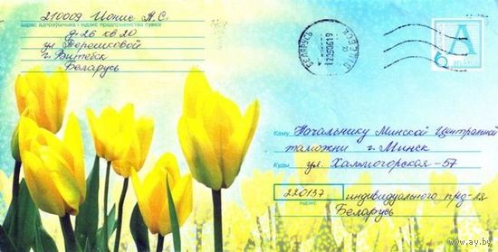 2005. Конверт, прошедший почту "Жёлтые тюльпаны"