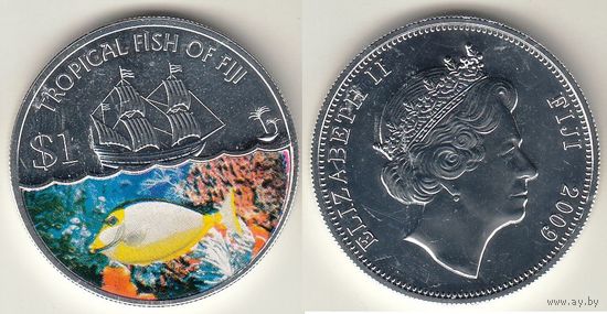 Фиджи 1 доллар 2009 Жёлтая рыба Корабль цветная