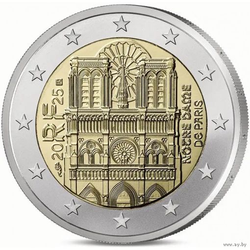 Франция 2 евро, 2025 Собор Парижской Богоматери UNC из ролла