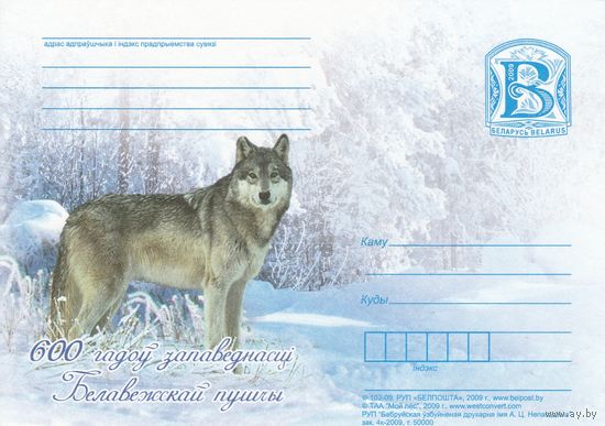 Беларусь 2009 ПК 600 лет заповедности Беловежской пущи Волк (к5)