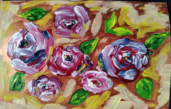 Открытка  hand made Розы 10*15, акрил