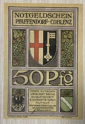 Нотгельд Пфаффендорф-Кобленц 50 пфеннигов 1921 год. Веймарская республика