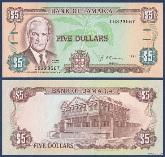 Ямайка, 5 долларов 1991 г, P-70d (CG, политик Норман Мэнгли), UNC