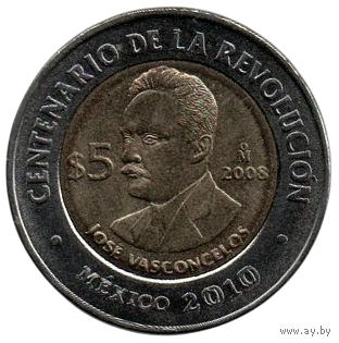 МЕКСИКАНСКИЕ СОЕДИНЁННЫЕ ШТАТЫ. 5 ПЕСО 2008. Хосе Васконселос. Столетие революции. БИМЕТАЛЛ