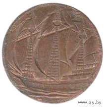 Изделие (поделка) из подлинной монеты. Великобритания. 1/2 пенни. Корабль. Парусник.