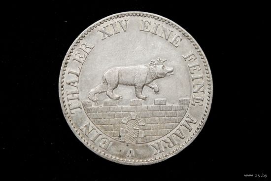 Талер 1855 г. Ангальт-Бернбург (Германия), Александр Карл. "Горный талер". Штемпельный блеск, кабинетная патина!